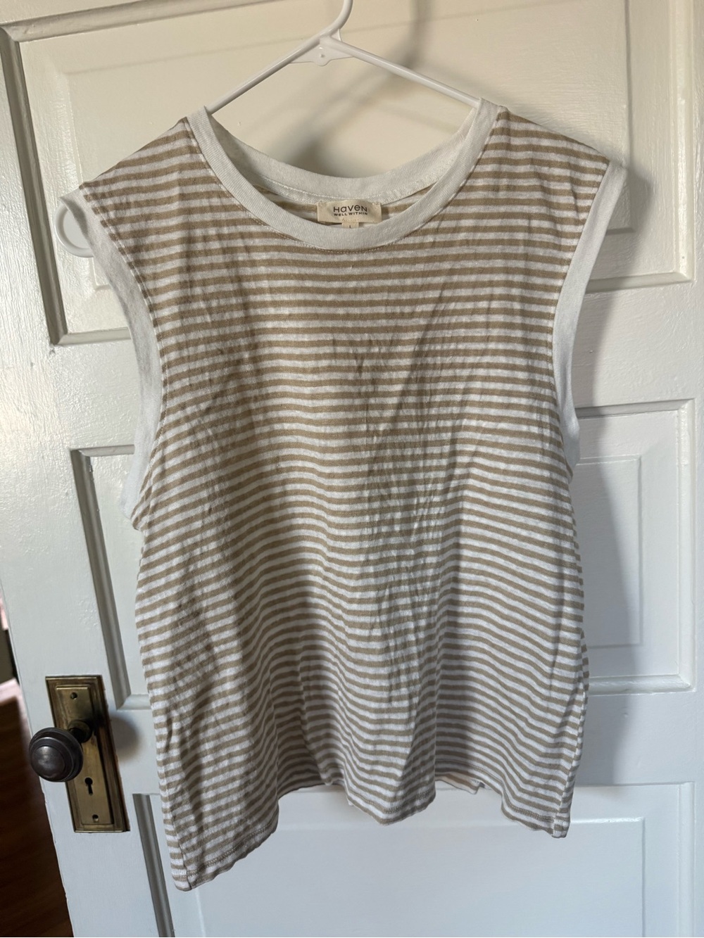 Haven Well Within 100% Linen Sleeveless Striped Tank Top White & Tan size large